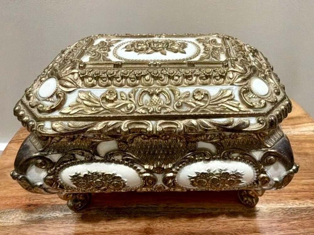 Vintage Ornate Gilt Brass & White Enamel Footed Trinket Box Japan